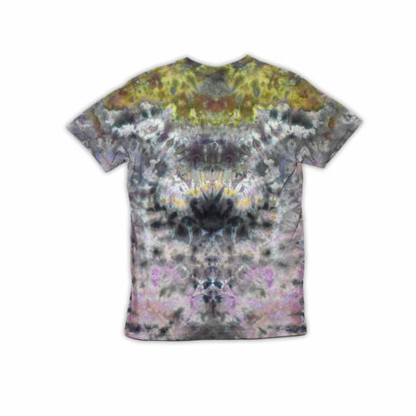 An eye-catching ice-dyed t-shirt showcasing a vibrant explosion of purples, pinks, and grays with a smoky effect around the 'dazed' text featured in the center.