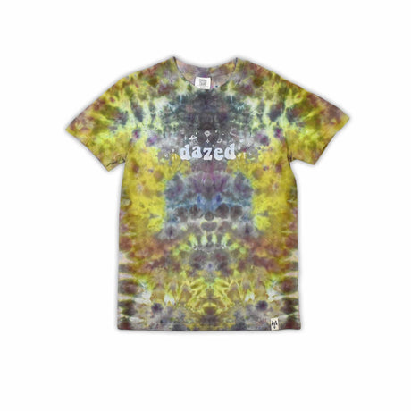 An eye-catching ice-dyed t-shirt showcasing a vibrant explosion of purples, pinks, and grays with a smoky effect around the 'dazed' text featured in the center.