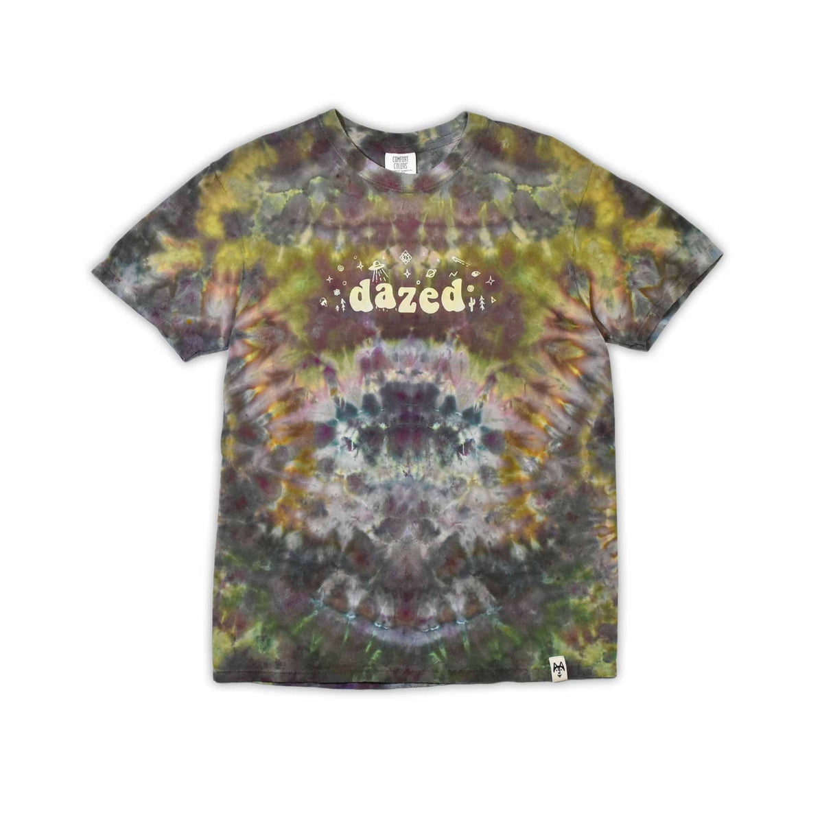 An eye-catching ice-dyed t-shirt showcasing a vibrant explosion of purples, pinks, and grays with a smoky effect around the 'dazed' text featured in the center.