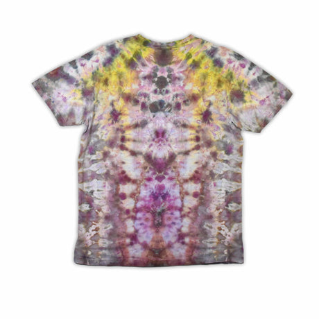 An eye-catching ice-dyed t-shirt showcasing a vibrant explosion of purples, pinks, and grays with a smoky effect around the 'dazed' text featured in the center.