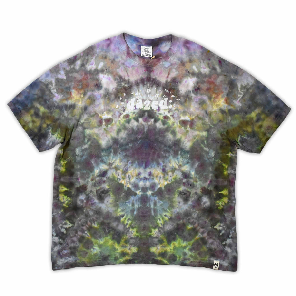 An eye-catching ice-dyed t-shirt showcasing a vibrant explosion of purples, pinks, and grays with a smoky effect around the 'dazed' text featured in the center.