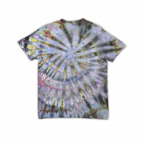 This t-shirt displays an intricate ice-dye effect that creates a starburst pattern with a mix of earthy and vibrant colors, highlighted by 'dazed' text in the middle in a style reminiscent of melting ice.