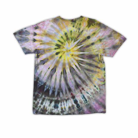 This t-shirt displays an intricate ice-dye effect that creates a starburst pattern with a mix of earthy and vibrant colors, highlighted by 'dazed' text in the middle in a style reminiscent of melting ice.