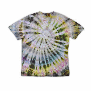 This t-shirt displays an intricate ice-dye effect that creates a starburst pattern with a mix of earthy and vibrant colors, highlighted by 'dazed' text in the middle in a style reminiscent of melting ice.