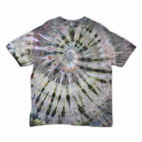 This t-shirt displays an intricate ice-dye effect that creates a starburst pattern with a mix of earthy and vibrant colors, highlighted by 'dazed' text in the middle in a style reminiscent of melting ice.