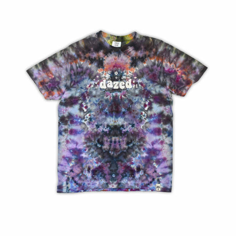 An ice-dyed t-shirt with a mesmerizing array of blues, purples, and subtle greens, reminiscent of a frozen geode, with 'dazed' in an icy font across the chest.