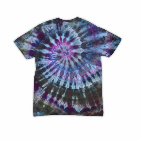 This t-shirt displays a stunning ice-dye technique creating a crystalline effect with vibrant blues, purples, and greens emanating outwards, with 'dazed' situated in the middle in a funky font.