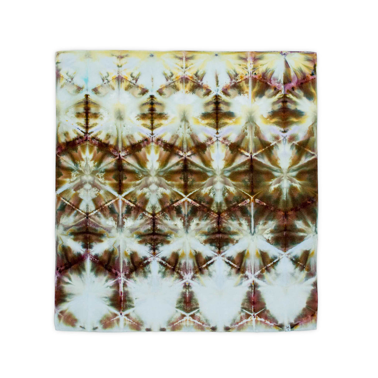 An ice-dyed bandana with a traditional itajime pattern, where each quadrant mirrors the other, in a rustic palette of sepia tones against a white background.