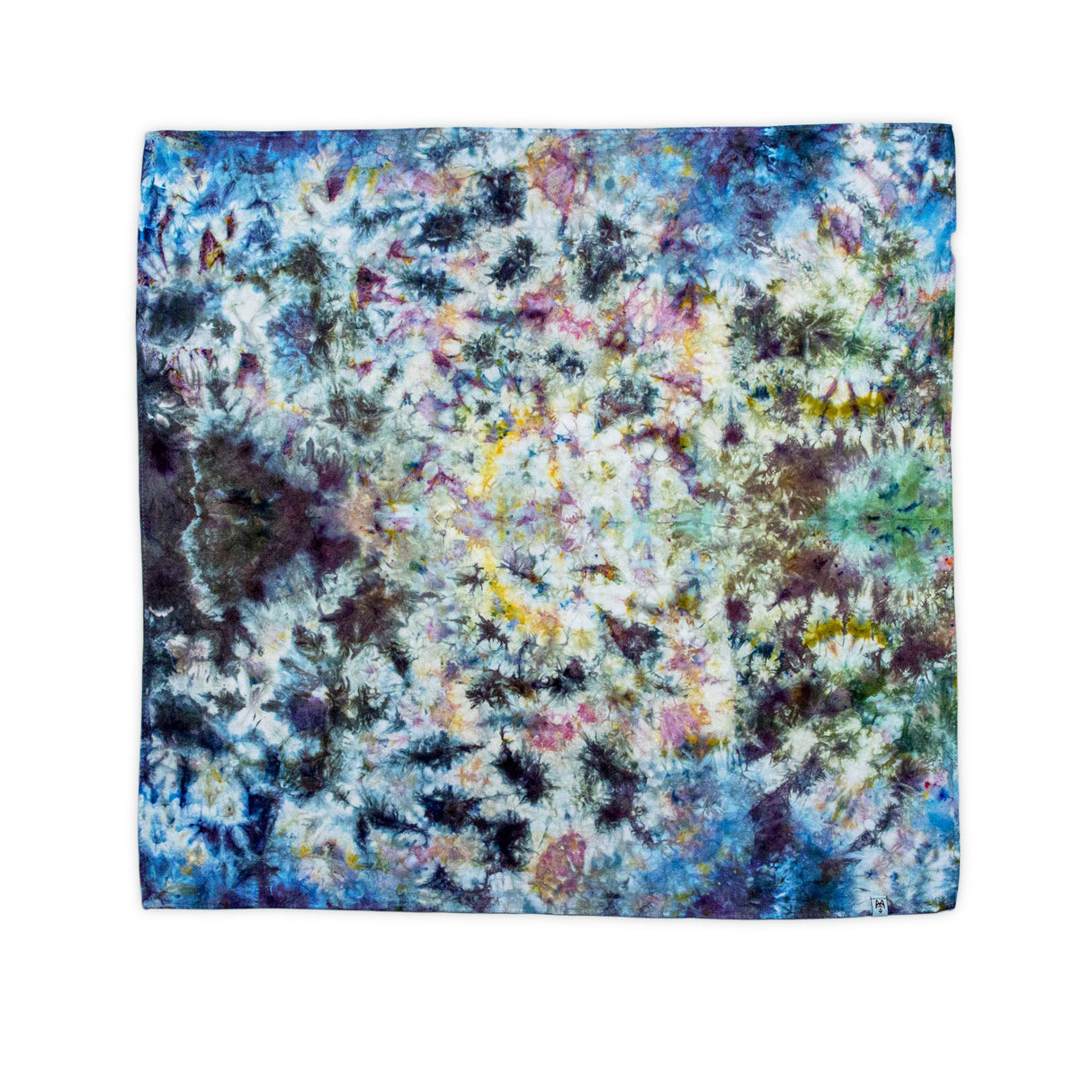 The bandana showcases a textural ice dye technique that creates a painterly, impressionistic blend of lilac, navy, moss green, and hints of sunshine yellow.