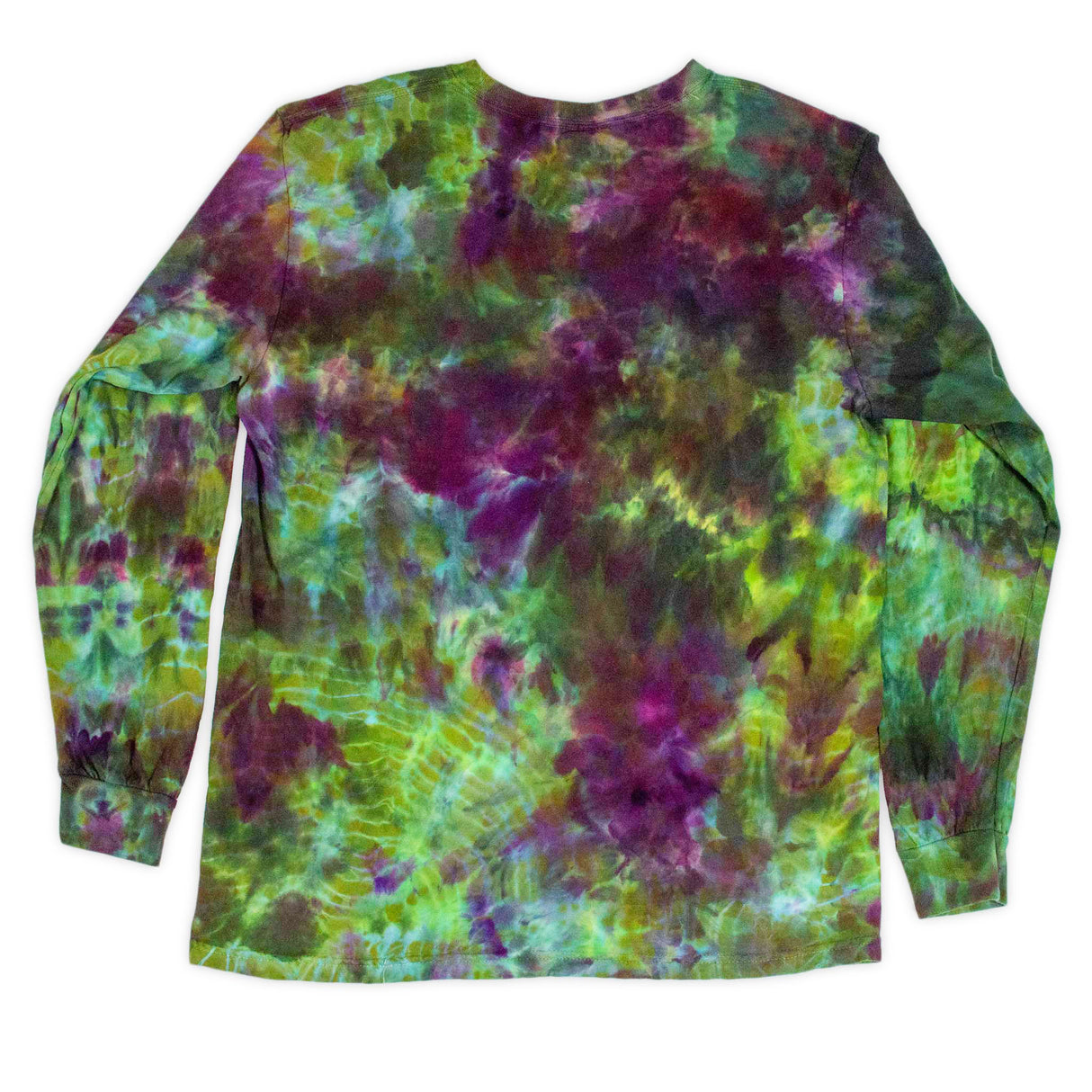 A mesmerizing tie-dye long sleeve shirt, with a fusion of emerald green, lavender, and burgundy hues.