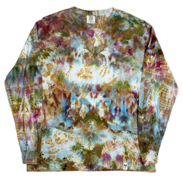 A captivating long sleeve t-shirt with a shimmering ice-dyed design, reminiscent of an opal's play of color, with blues, purples, and browns.