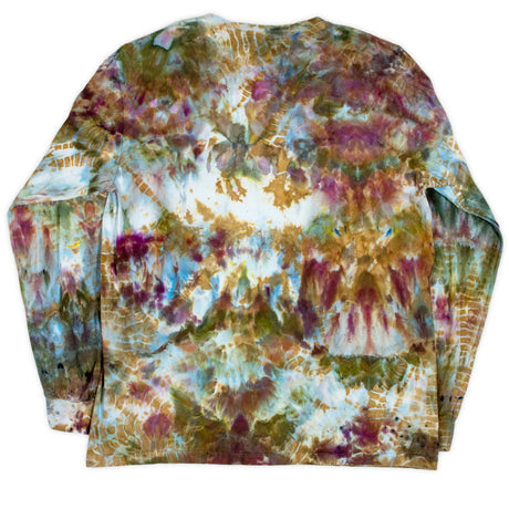 A captivating long sleeve t-shirt with a shimmering ice-dyed design, reminiscent of an opal's play of color, with blues, purples, and browns.