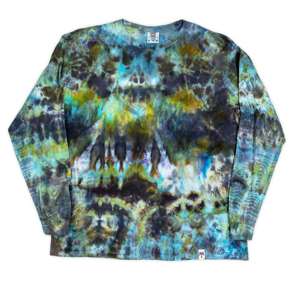 An ice dye long sleeve t-shirt that combines the tranquility of blue and green hues in a soft, inviting fabric perfect for cooler days.