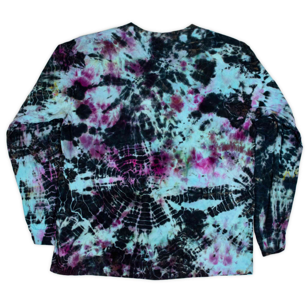 Long-sleeved t-shirt featuring a dual tie-dye technique, with intricate patterns of black crackle and bursts of pink and aqua blue, creating a visually striking and unique design.