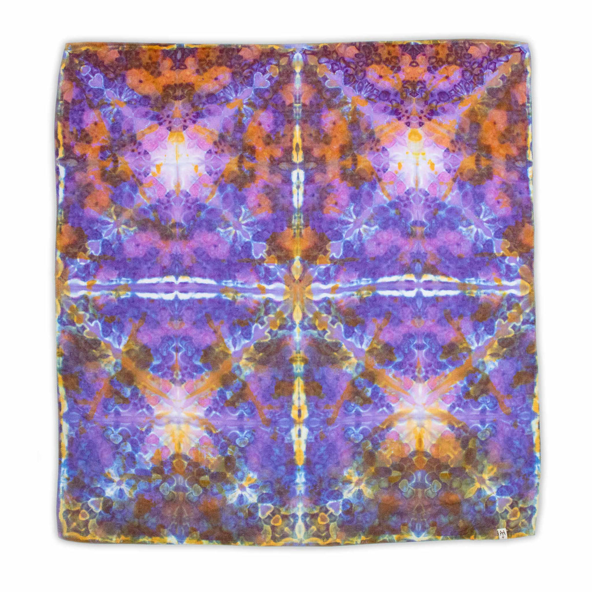 A bandana with a tie-dye design featuring symmetrical bursts of purple, orange, and yellow, creating a mirrored kaleidoscopic effect.