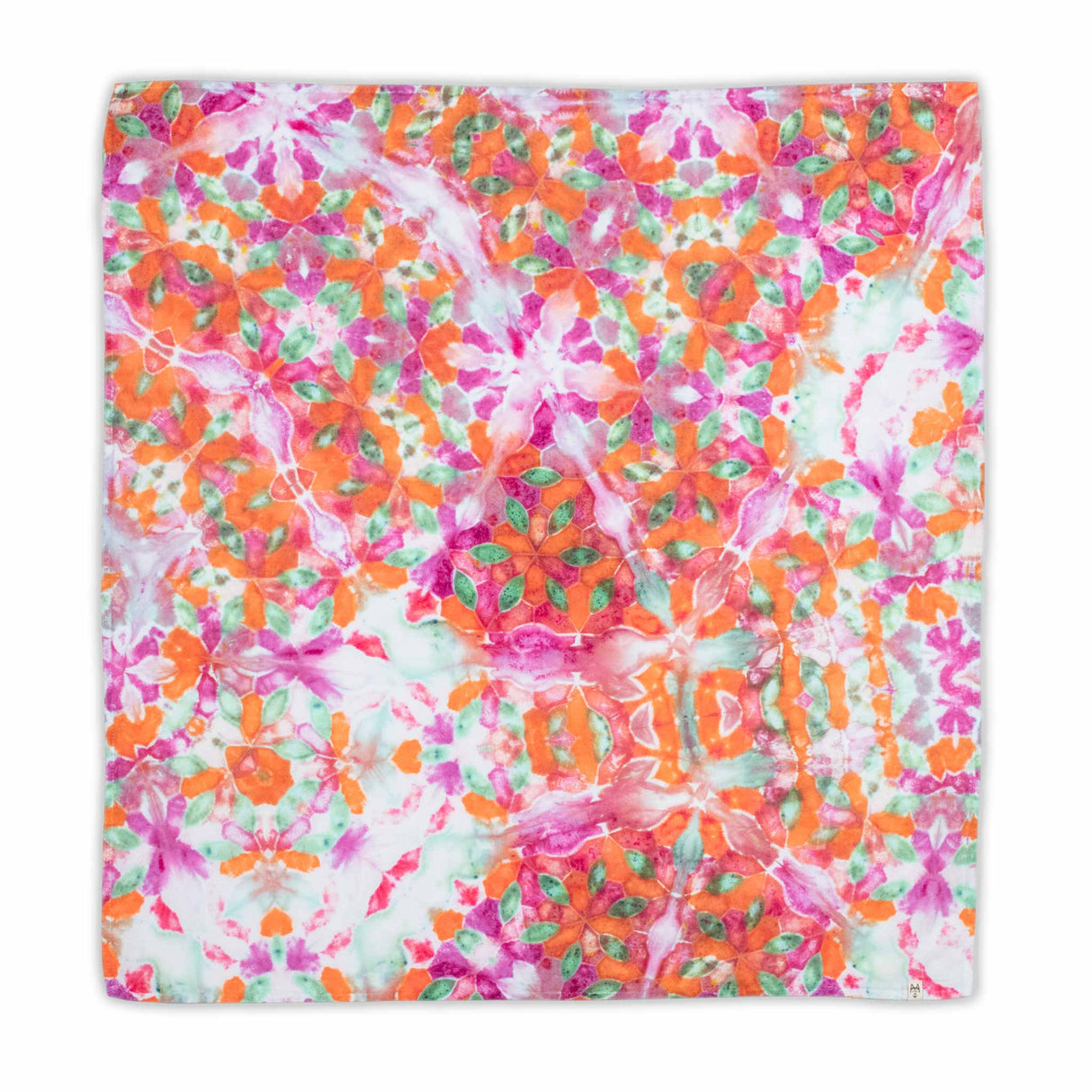 An eye-catching bandana with a tie-dye splash of neon pinks, bright oranges, and leafy greens, forming a pattern resembling a summer garden.
