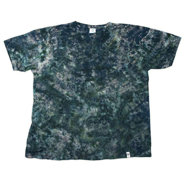 Short sleeve t-shirt with a reverse dye design, where the black base is artfully faded into shades of moss and olive green.