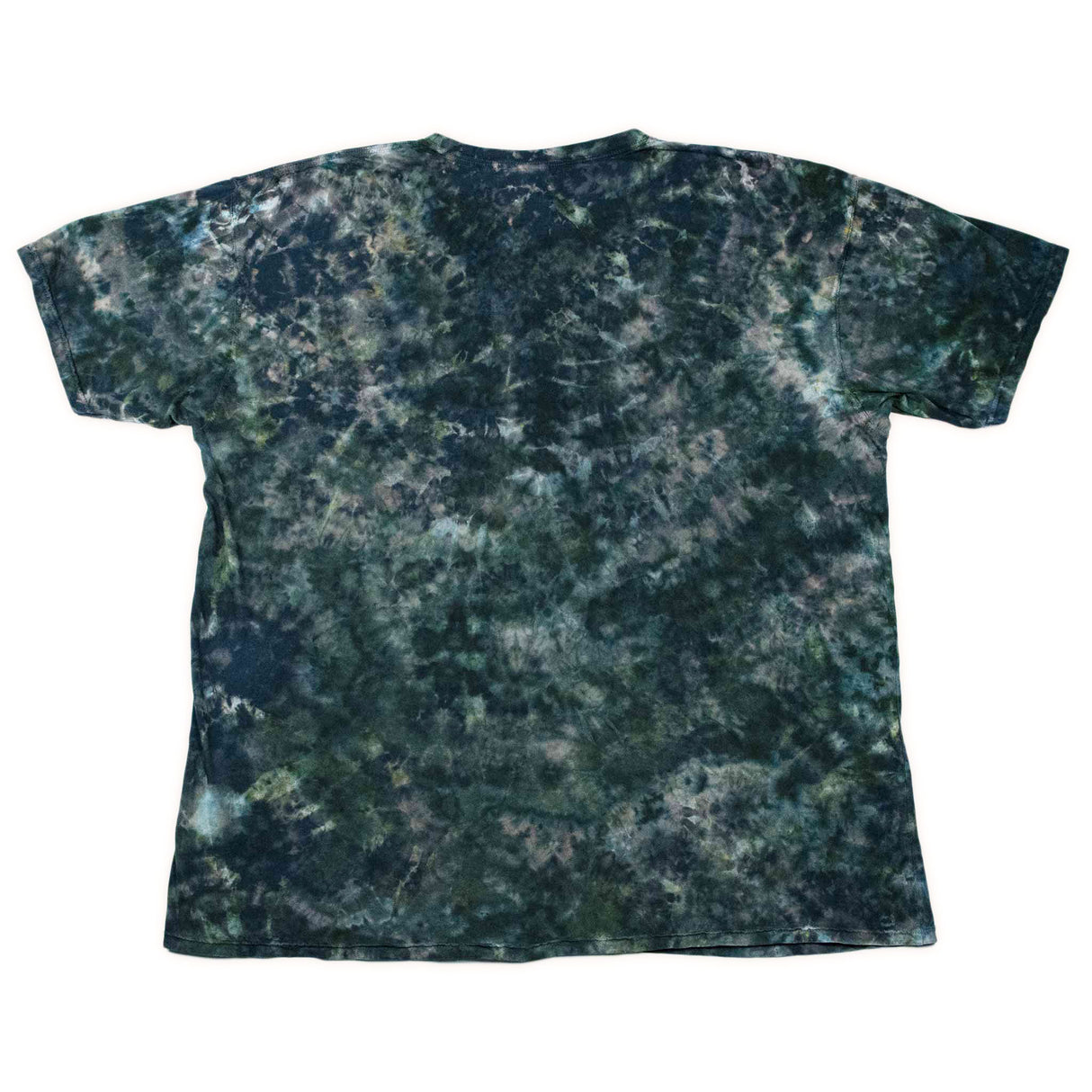 Short sleeve t-shirt with a reverse dye design, where the black base is artfully faded into shades of moss and olive green.