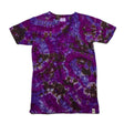 Short-sleeved tie dye t-shirt featuring a striking geode design with concentric circles of purple and blue, creating a vibrant geode-like pattern on a dark fabric background.