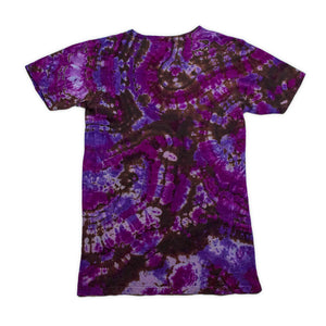 Short-sleeved tie dye t-shirt featuring a striking geode design with concentric circles of purple and blue, creating a vibrant geode-like pattern on a dark fabric background.