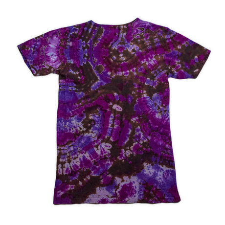 Short-sleeved tie dye t-shirt featuring a striking geode design with concentric circles of purple and blue, creating a vibrant geode-like pattern on a dark fabric background.