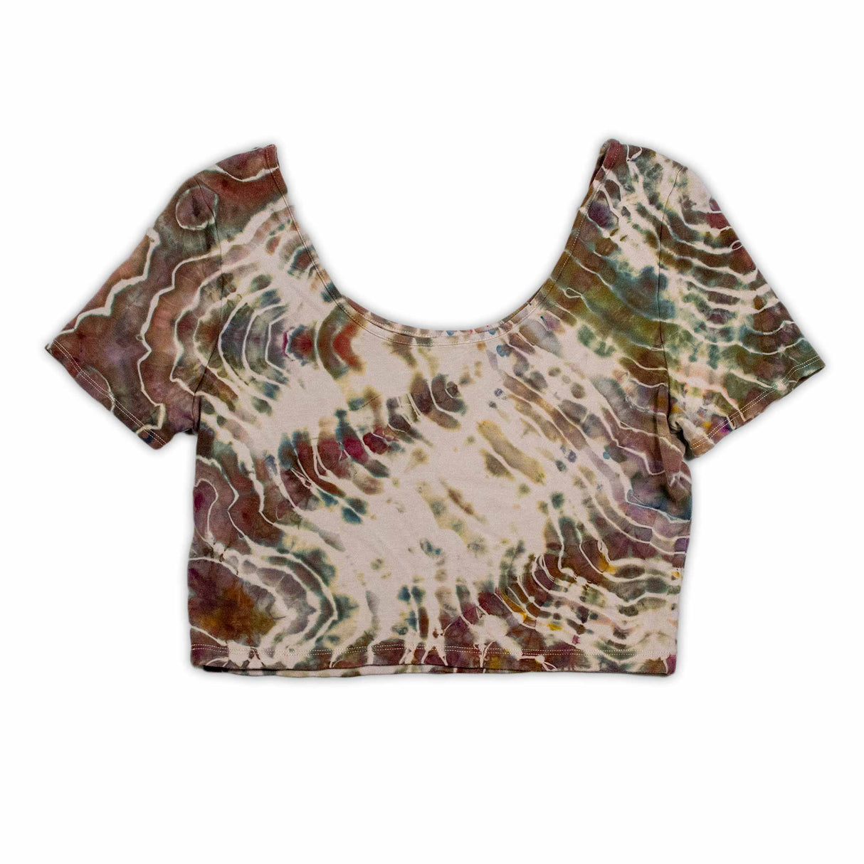 A casual, ice-dyed scoop neck top showcasing a hypnotic array of swirls and lines in colors inspired by the earth, including dark green, terracotta, and sand.
