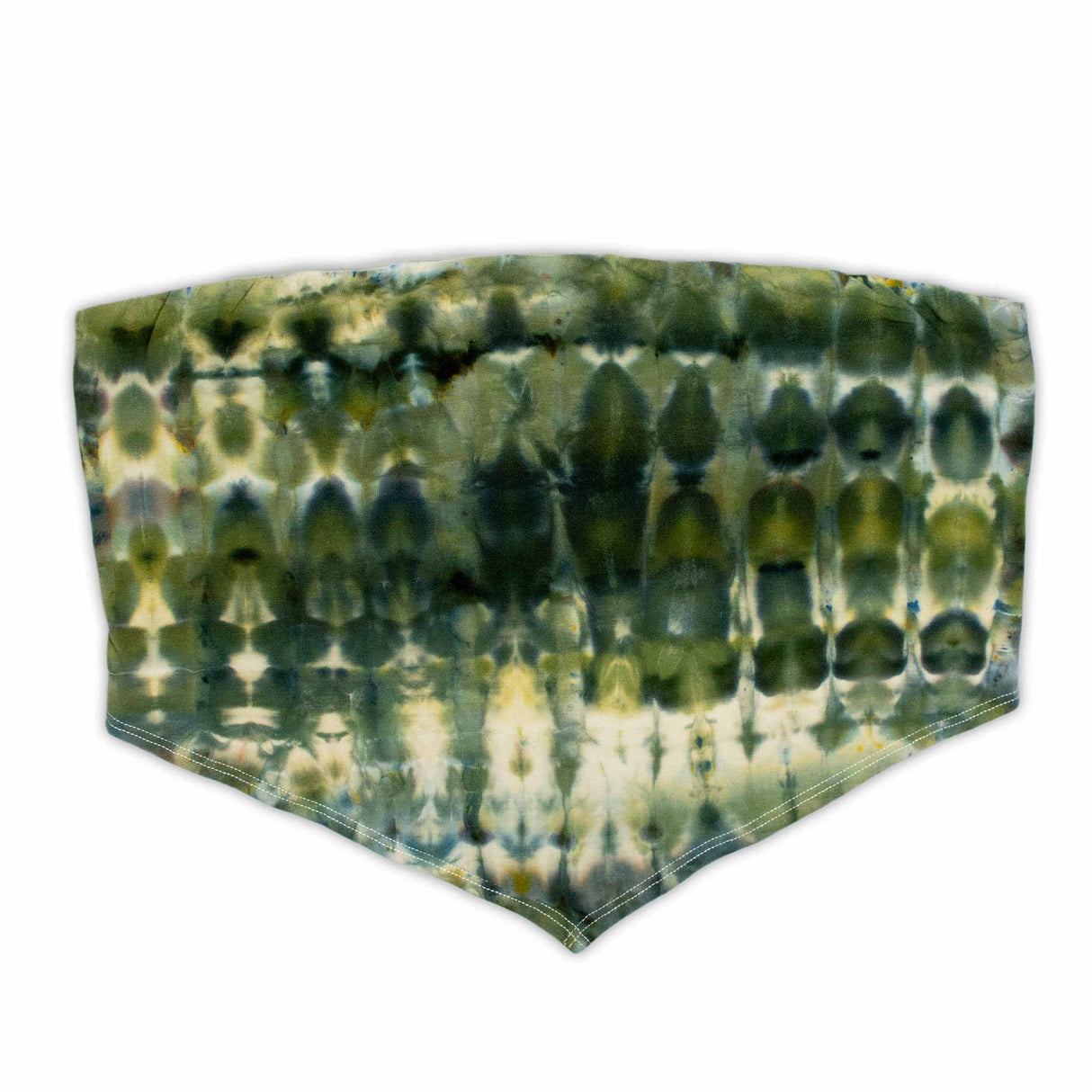 This bandeau top showcases the art of ice dyeing with its intricate pattern of emerald and sage green, accented by streaks of sand..