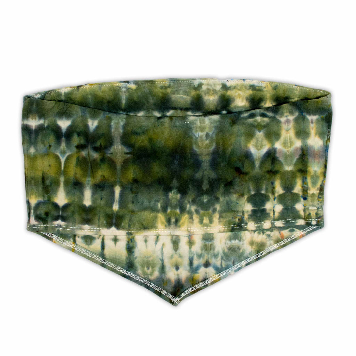 This bandeau top showcases the art of ice dyeing with its intricate pattern of emerald and sage green, accented by streaks of sand..