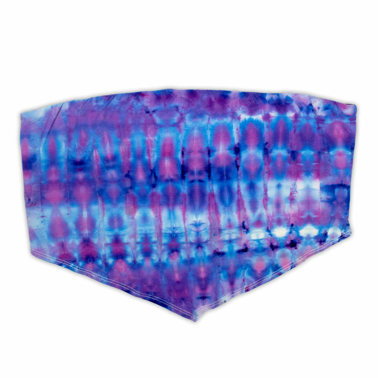 Stylish women's bandeau top with a distinctive ice-dyed pleated effect, blending blue and purple hues in an organic pattern.