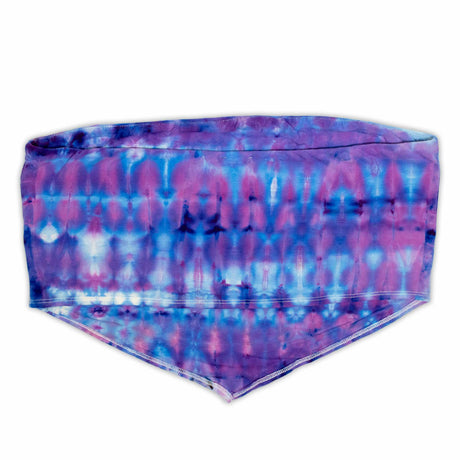 Stylish women's bandeau top with a distinctive ice-dyed pleated effect, blending blue and purple hues in an organic pattern.