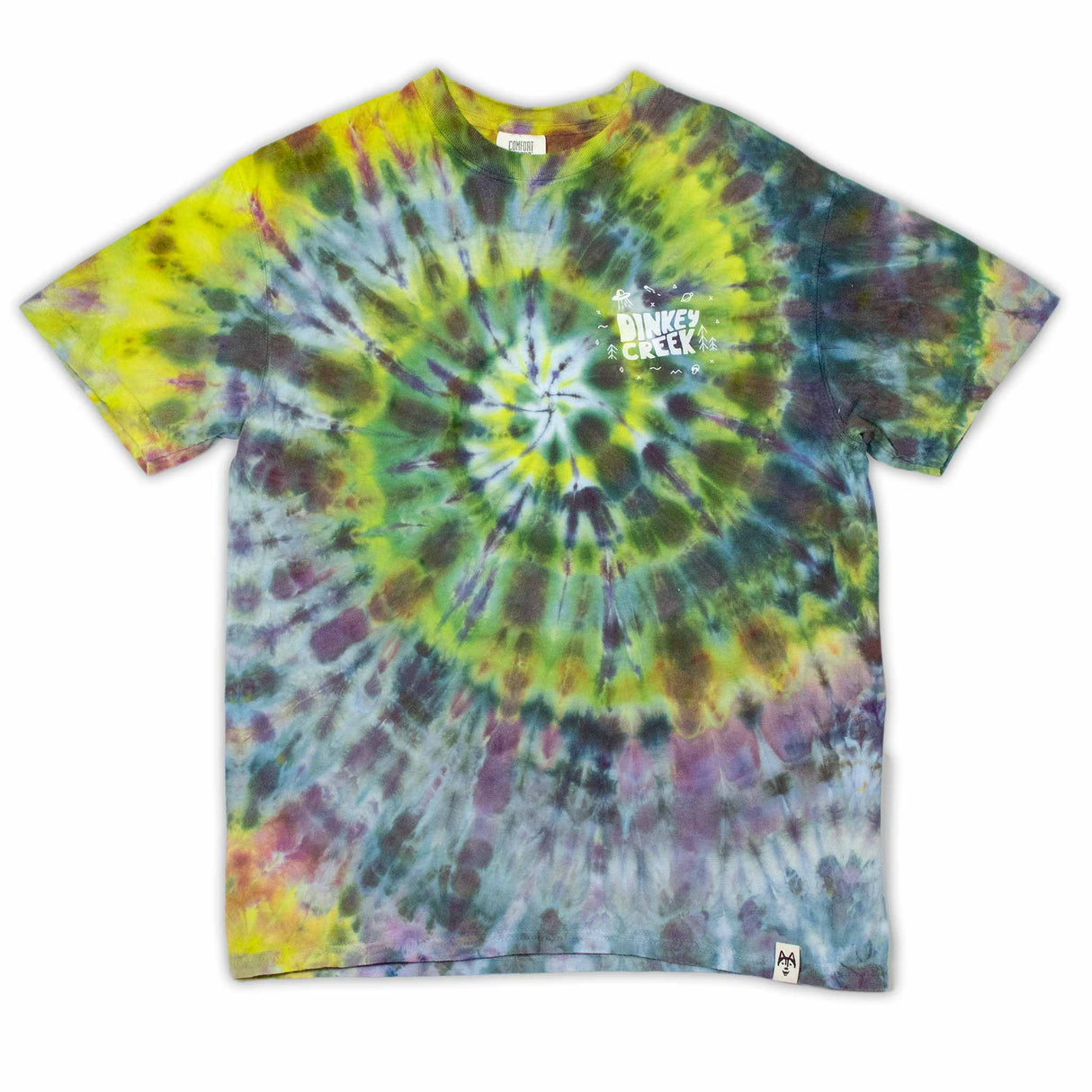 A kaleidoscope of colors forms a spiral ice dye design on this t-shirt, featuring 'Dinkey Creek' in a contrasting print, creating an eye-catching effect