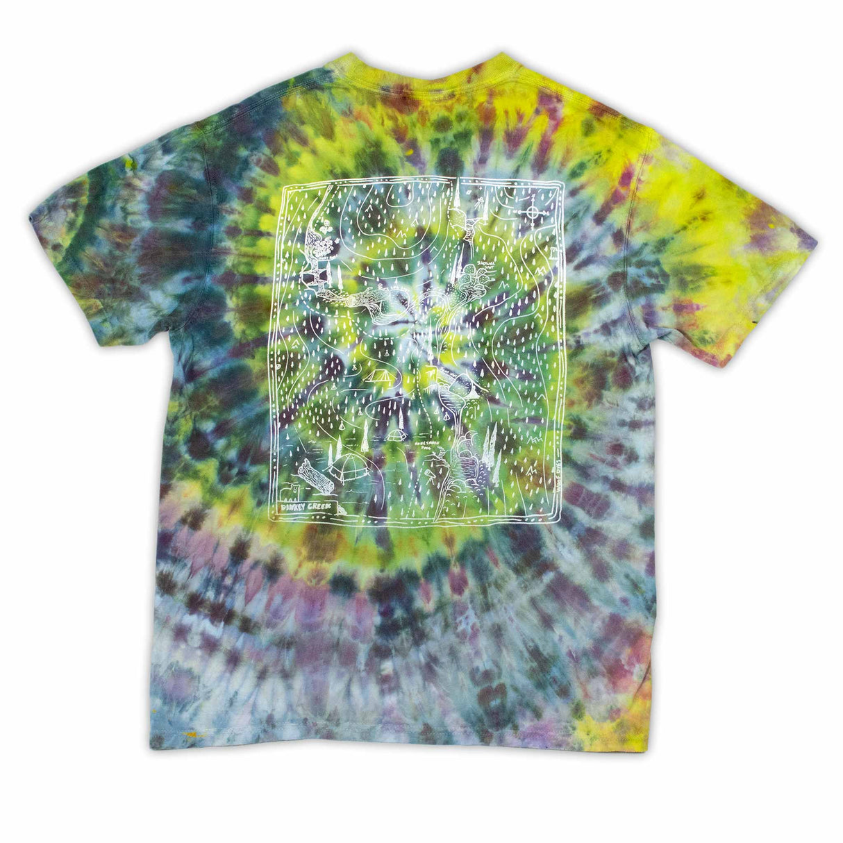 A kaleidoscope of colors forms a spiral ice dye design on this t-shirt, featuring 'Dinkey Creek' in a contrasting print, creating an eye-catching effect