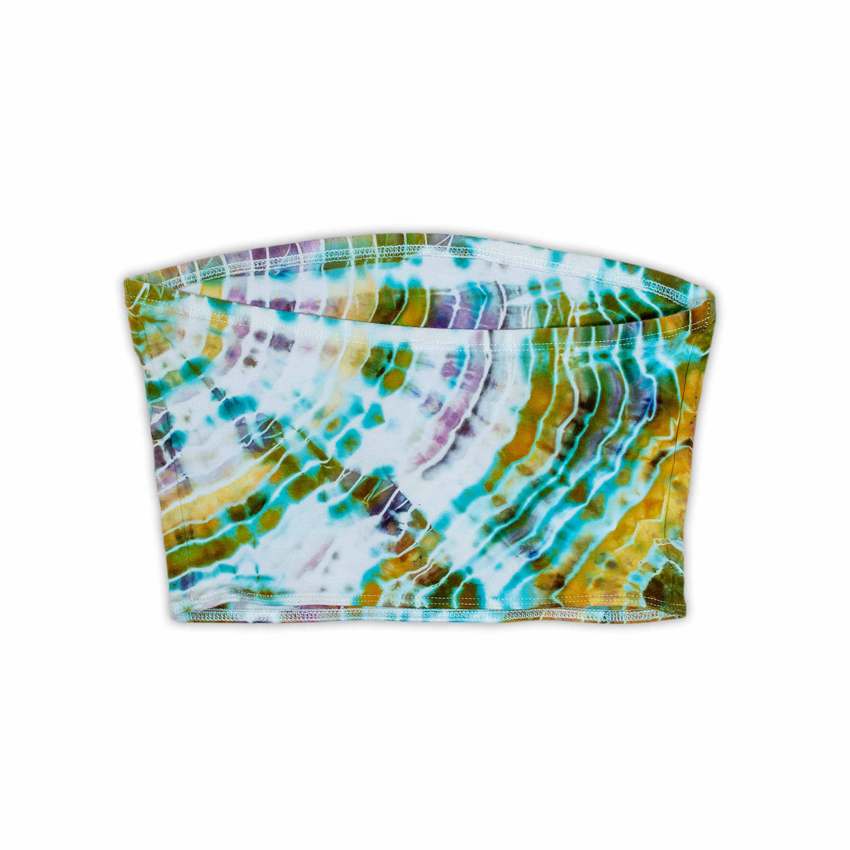 This hand-dyed bandeau top presents a mesmerizing display of cool and warm colors blending into organic shapes, akin to an aerial landscape.