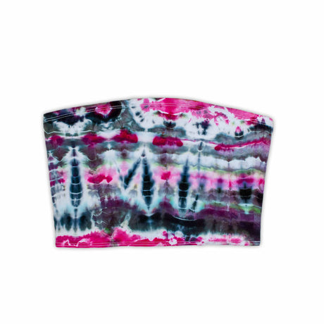 An eye-catching, elastic bandeau top with a psychedelic tie-dye print in vivid pink, deep blue, and dark gray hues.