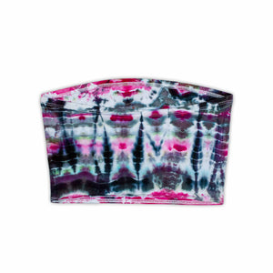 An eye-catching, elastic bandeau top with a psychedelic tie-dye print in vivid pink, deep blue, and dark gray hues.