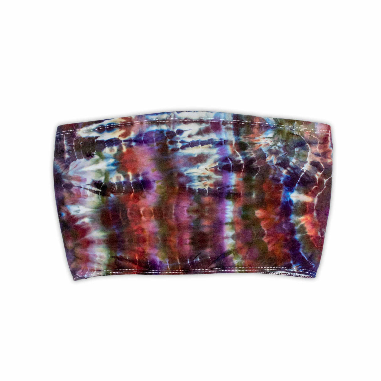 An ice-dyed bandeau top displaying an electric blend of cobalt blue, magenta, and plum, mimicking the natural marbling of semi-precious stones.