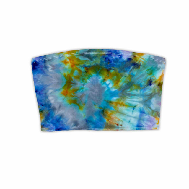 An eye-catching ice-dyed bandeau top with swirling patterns of cerulean, lemon, and sea green, evoking an abstract impressionist artwork.