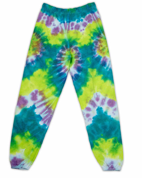 A pair of tie-dye sweatpants, with a bold, psychedelic swirl in electric lime, azure, and plum colors, perfect for a relaxed yet stylish look.