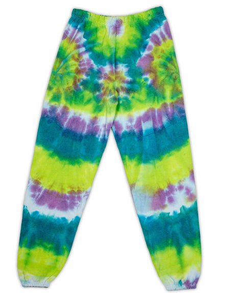A pair of tie-dye sweatpants, with a bold, psychedelic swirl in electric lime, azure, and plum colors, perfect for a relaxed yet stylish look.