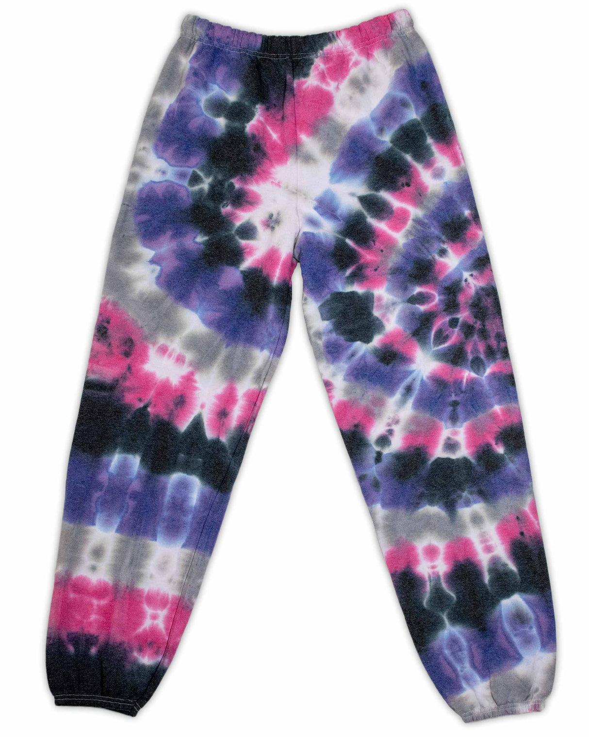 These soft sweatpants exhibit a tie-dye design with splashes of magenta and lavender, contrasted by patches of inky black.