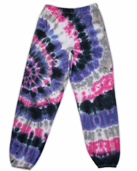 These soft sweatpants exhibit a tie-dye design with splashes of magenta and lavender, contrasted by patches of inky black.