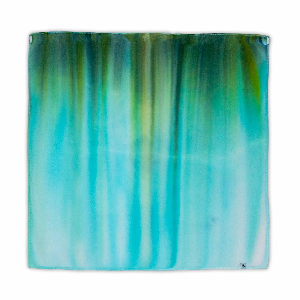 A handcrafted bandana with a distinctive ice dye pattern, where the blues and greens merge to evoke the tranquil beauty of the Aurora Borealis.
