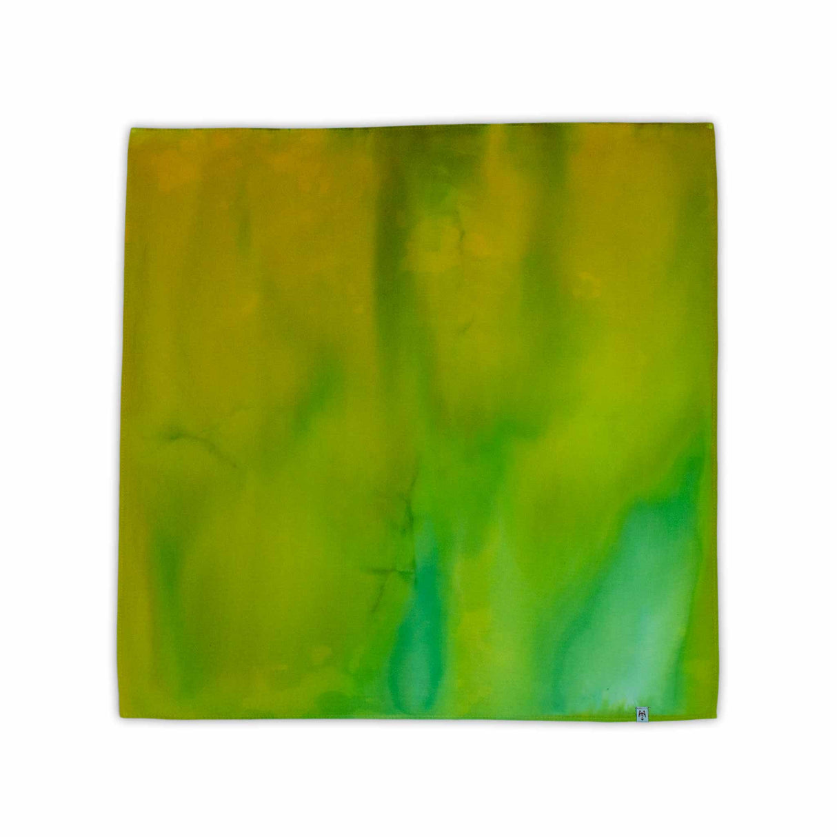 A square bandana with a lush ice dye pattern, featuring varying shades of lime and emerald green that blend into each other like watercolors.