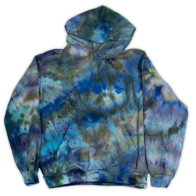 Envelop yourself in the warmth of this cozy hoodie, artistically ice-dyed in a blend of tranquil blues and earthy greens.