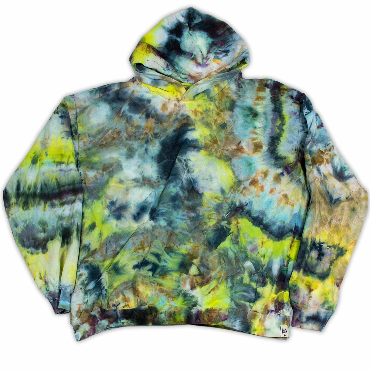 A laid-back hoodie with a captivating ice dye effect, combining the warmth of yellow with the calmness of blue and green.