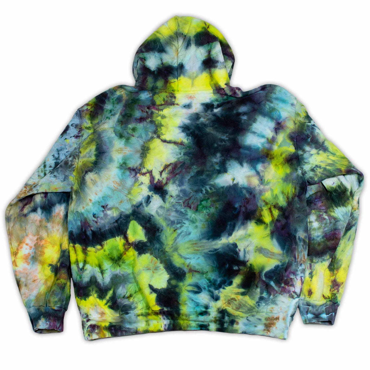 A laid-back hoodie with a captivating ice dye effect, combining the warmth of yellow with the calmness of blue and green.