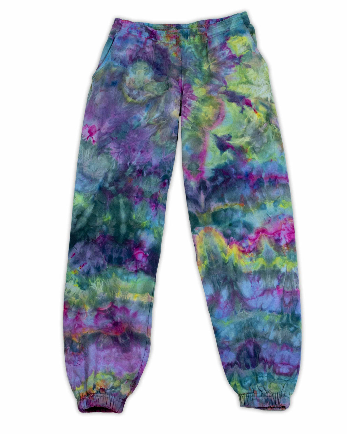 These sweatpants are adorned with a vibrant ice-dyed design, incorporating a spectrum of amethyst, jade, and magenta hues for a bold statement.