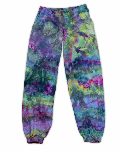 These sweatpants are adorned with a vibrant ice-dyed design, incorporating a spectrum of amethyst, jade, and magenta hues for a bold statement.