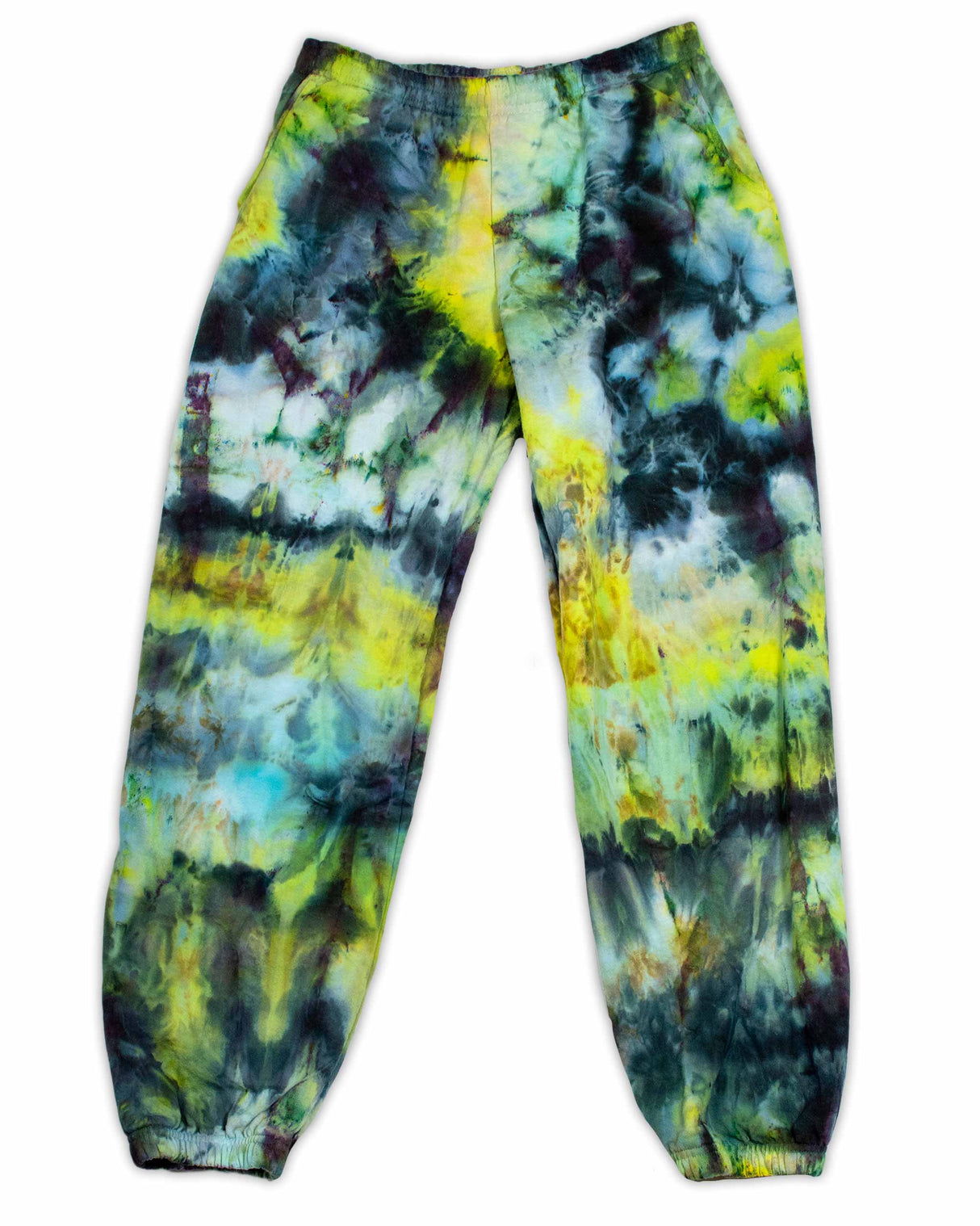 A pair of colorful sweatpants with a striking tie-dye pattern, presenting a kaleidoscopic effect with shades ranging from lime green to ocean blue and charcoal.