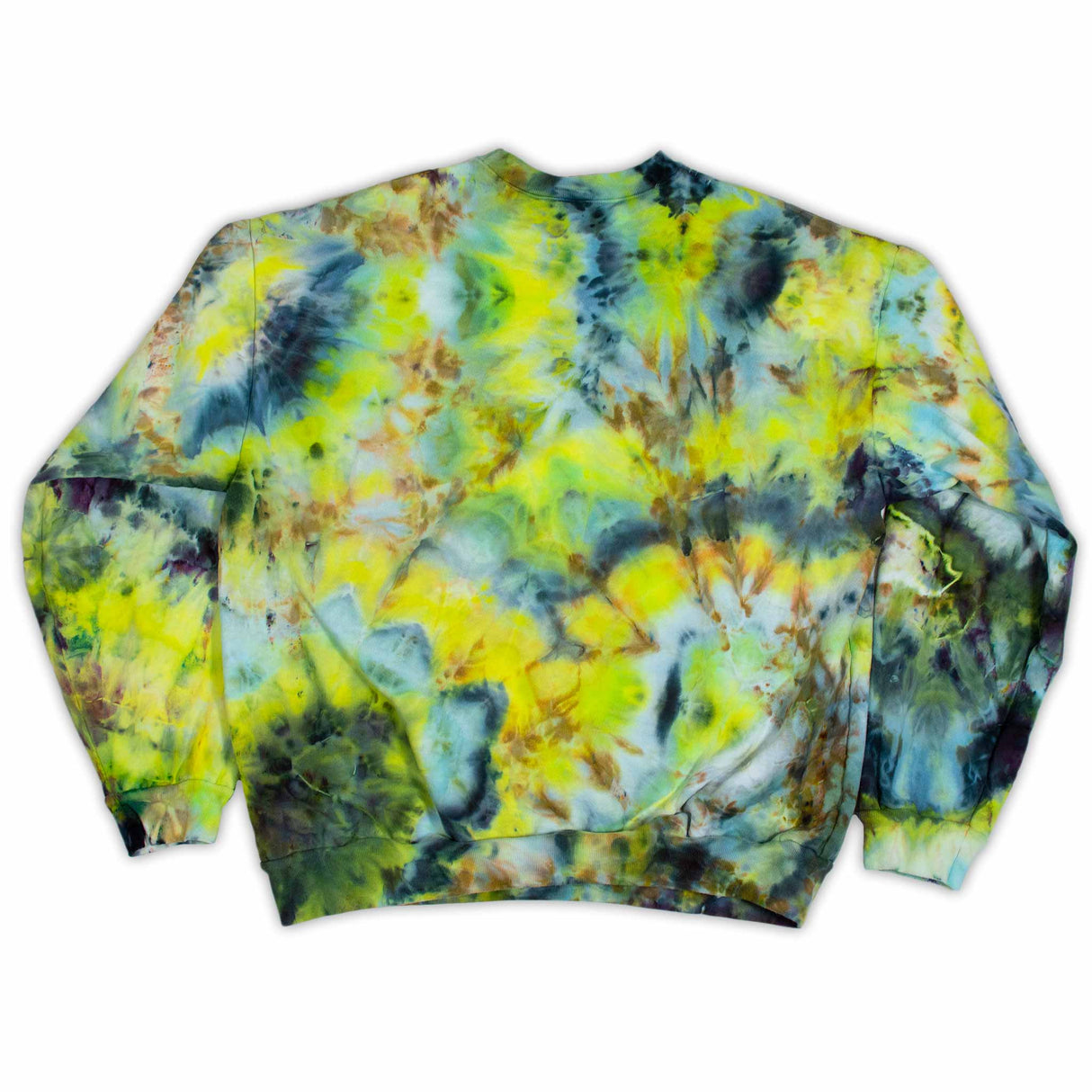 A casual and cozy sweatshirt enriched with the charm of ice dye, showcasing a playful mix of yellow, blue, and green hues that invoke a sense of warmth.